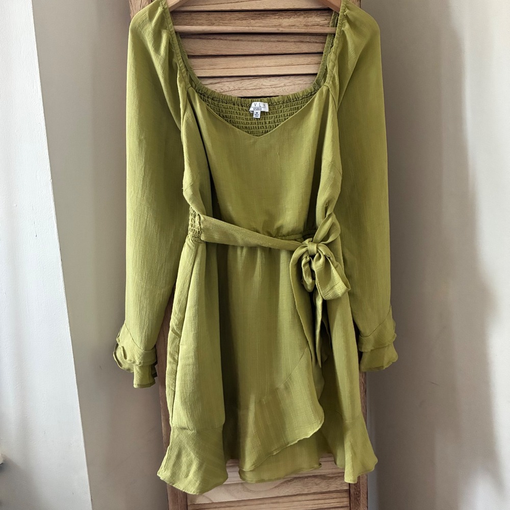 VLN Studio Olive Green Ruffle Mini Dress Smocked Back Fairycore Fall Moss Medium